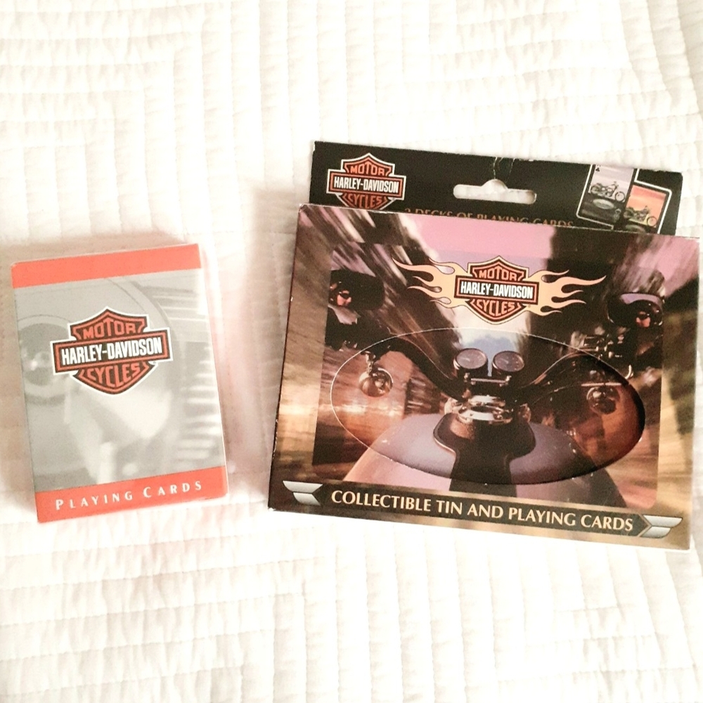 NEW Harley-Davidson 2 Decks of Playing Cards in Collectible Tin + an extra Deck